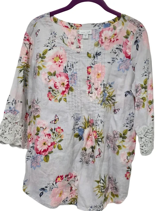 J. Jill Floral Scoop-Neck Crochet Sleeve Line Blouse - White with Pink & Blue - Picture 2 of 7